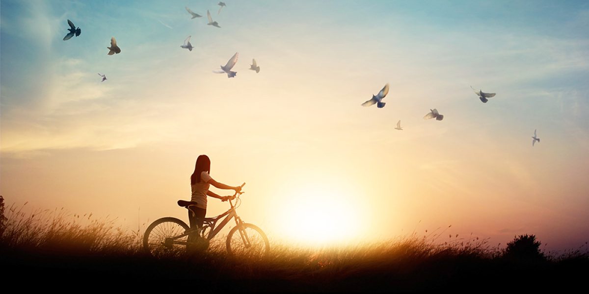 Lonely woman standing with bicycle on road of paddy field among flying birds and sunset background