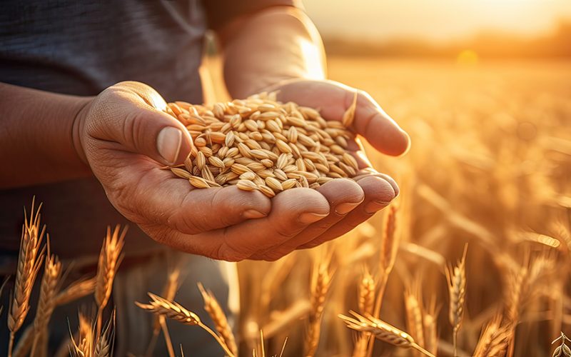 Abundance in the Fields. Farmer's Hands Holding Wheat Grains at Sunset. Nature's Bounty. The hands of a farmer close - up holding a handful of wheat grains in a wheat field