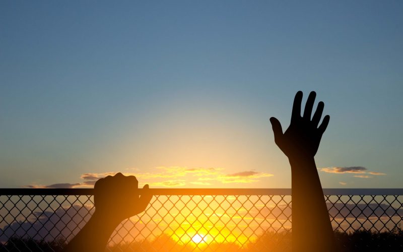 Silhouette of a human hands on chain link fence. 3d-rendering