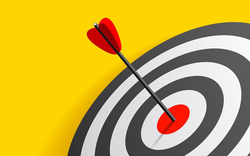 Target icon in 3d flat style on yellow background. Arrow in the center aim. Vector design element for you business projects