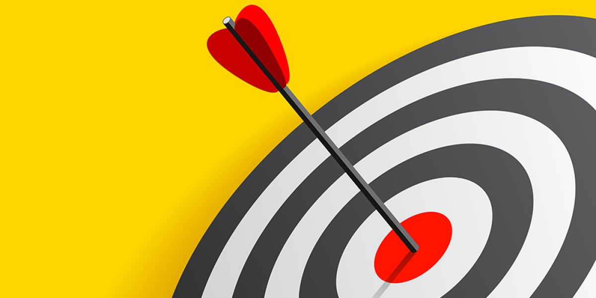 Target icon in 3d flat style on yellow background. Arrow in the center aim. Vector design element for you business projects